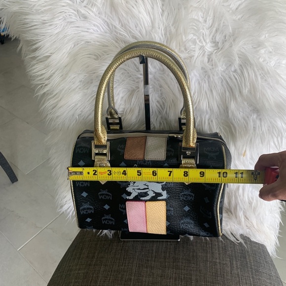 MCM Black Logo Leather Satchel with Gold Handles and Pink, Tan, Cream Panels - Picture 8 of 12